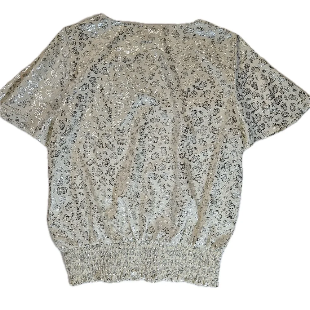 Michael Kors Top Womens Medium Silver Glitter Paisley Short Sleeve Pullover - Picture 2 of 8